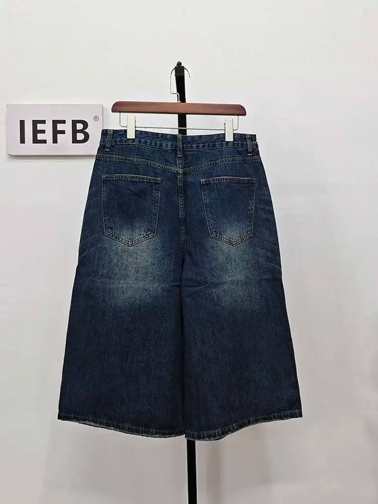 IEFB koreai stílusú vintage férfi farmer nyári laza férfi széles szárú térdig érő rövidnadrág új mosott divatos rövid farmer nadrág