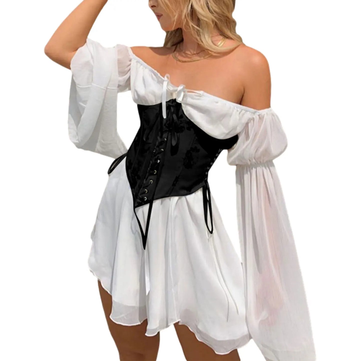 Tündérrózsaszín sifon mini ruha, sikkes női fűző, vintage hosszú puffos ujjú nyári ruha, peremnyakú koszorúslány testhezálló strandruha