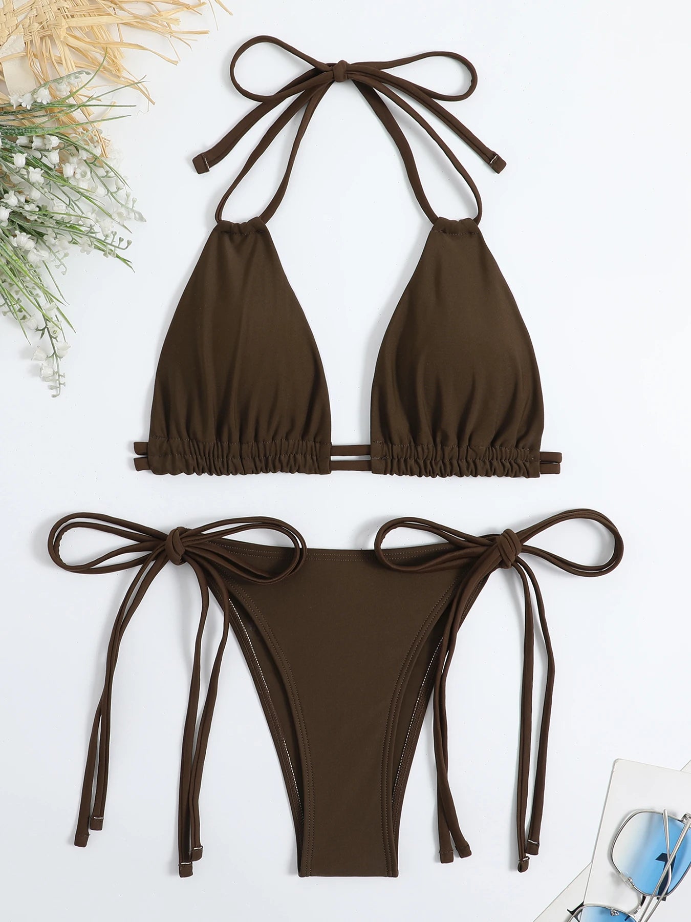2026 szexi, egyszínű, kötésű bikini, pántos fürdőruha női fürdőruha női kétrészes bikini szett, alacsony derekú fürdőruha, fürdőző
