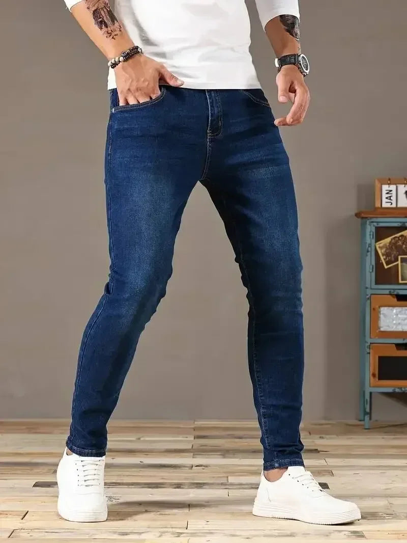 Férfi farmer, rugalmas, vékony, egyszínű, fekete, kék, tavaszi, luxus utcai, harajuku, hip-hop stílusú, nadrág, márka