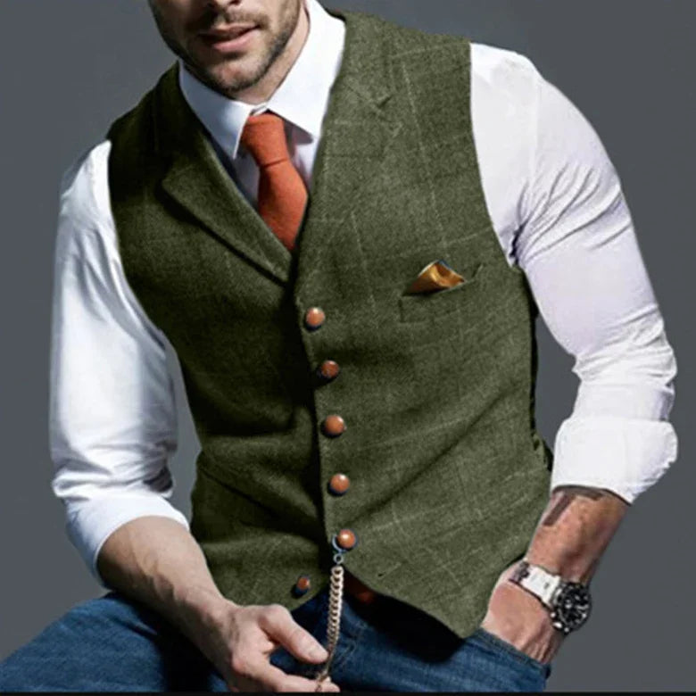 Férfi lezser klasszikus öltönymellény retró pamutkeverék tweed öltöny bélelt mellény S-3XL