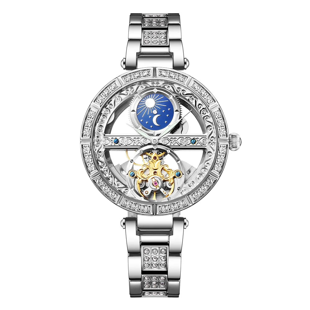 Női automata mechanikus karóra, csúcsmárkás luxus bőr vízálló órák, női csontváz Tourbillon óra, reloj mujer, új