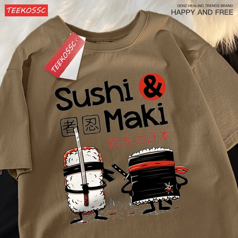 Theduc Sushi és Sushi Nyomtatás Férfi Női Póló Pamut