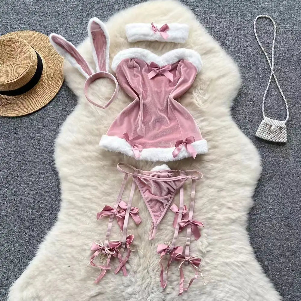 Piros karácsonyi cosplay nyúl lány jumpsuit szexi fehérnemű öv női új ruházat hétköznapi hát nélküli üreges fűzős body