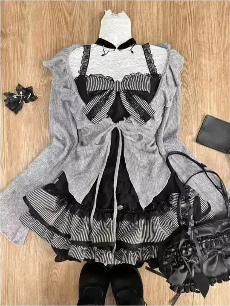 Japán Kawaii 3 darabos szett Lolita Y2k kardigán kabátok + mini szoknyák + fűző mellény amerikai vintage öltönyök őszi parti sikkes