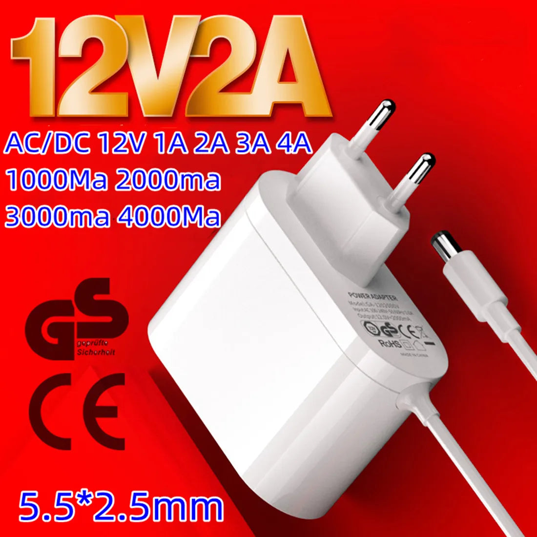 Tápegység 12V 3A 1A 2A 4A adapter Univerzális AC DC fali adapter 12V Volt 3000mA Kapcsolóüzemű adapter Átalakító Forrás 5.5*2.5mm