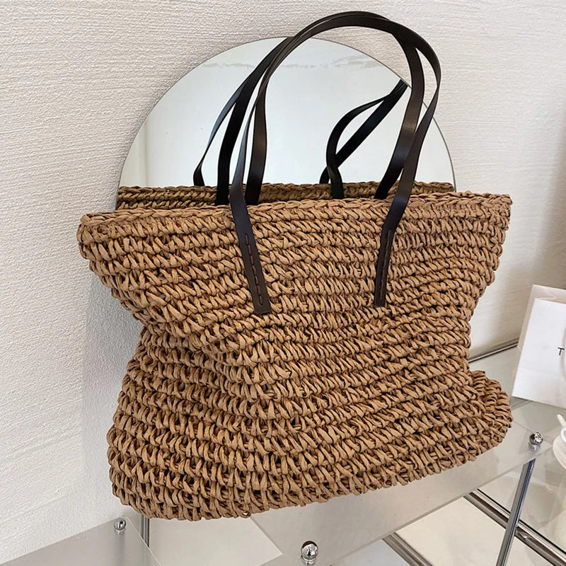 Női kézitáska, nyári strandtáska, rattan szőtt, kézzel kötött, szalma, nagy kapacitású táskák, bőr női válltáska, bohém, új
