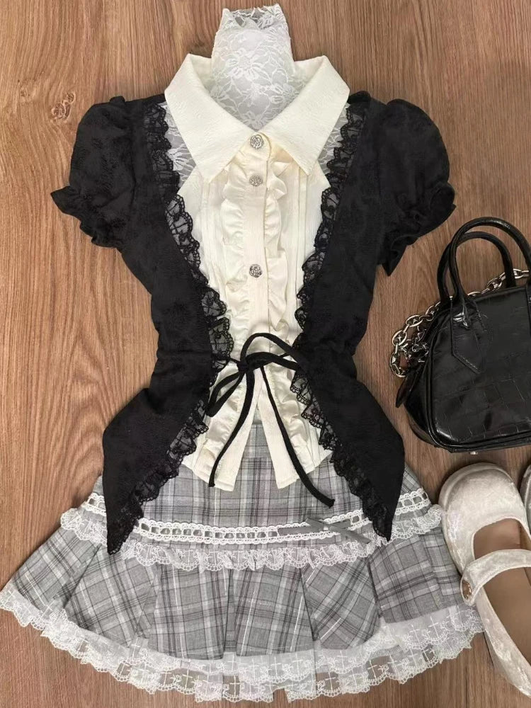 Japán Kawaii 3 darabos szett Lolita Y2k kardigán kabátok + mini szoknyák + fűző mellény amerikai vintage öltönyök őszi parti sikkes