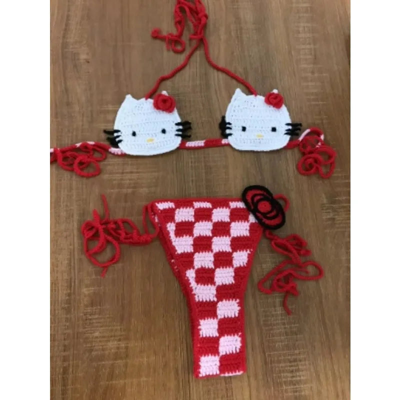 Sanrio horgolt bikini szett aranyos lányoknak fürdőruhák Hello Kitty szexi fürdőruha mikro kötésű bikinik strandruha női fürdőruha
