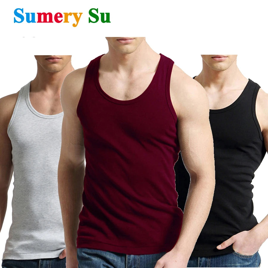 Férfi Tank Tops Fitness Hűvös Nyári 100% Pamut Ujjatlan Felsők Edzőterem Slim Alsóing  10 Szín 1DB