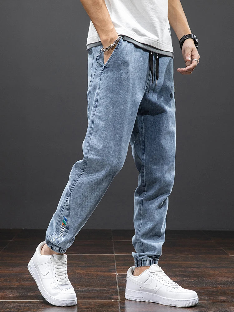 Tavaszi-nyári fekete kék cargo farmer férfi utcai viselet farmer jogger nadrág férfi bő farmer nadrág plus size