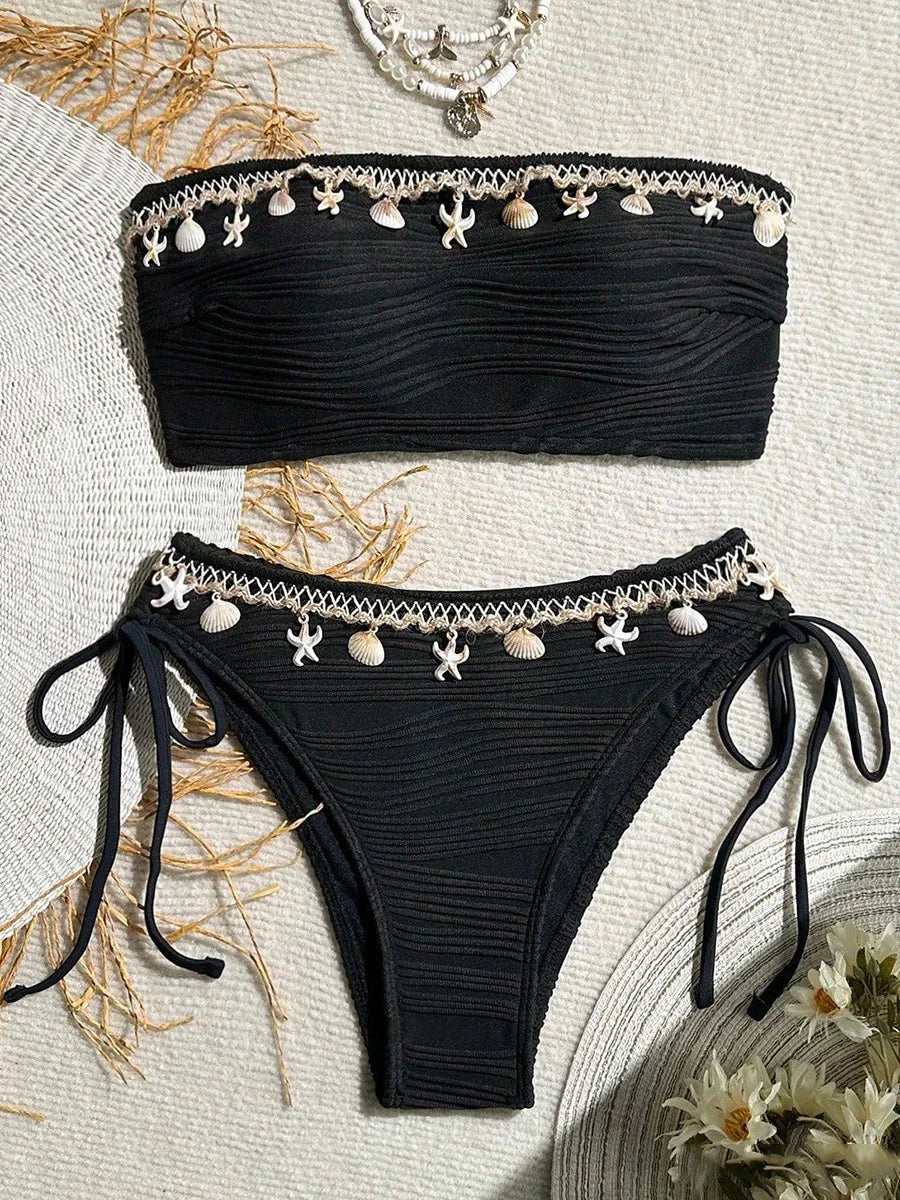 XS - XL Bandeau ráncos, magas kivágású bikini női fürdőruha női fürdőruha kétrészes bikiniszett kagyló fürdőruha úszás