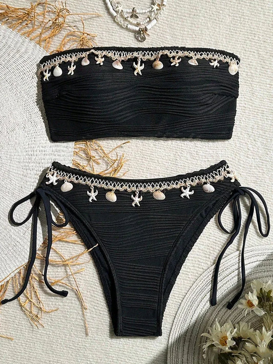 XS - XL Bandeau ráncos, magas kivágású bikini női fürdőruha női fürdőruha kétrészes bikiniszett kagyló fürdőruha úszás