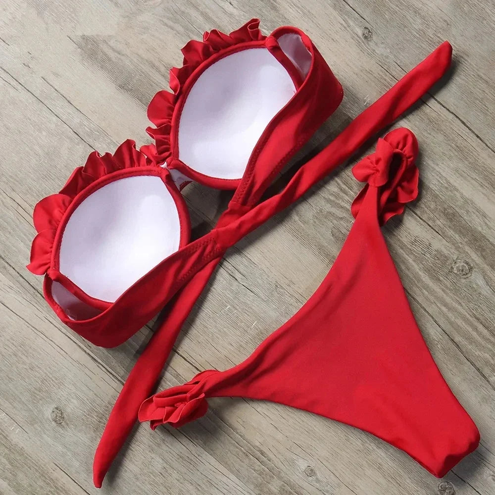 Szexi fodros, fodros melltartós bikini 2026 női bandeau fürdőruha női fürdőruha kétrészes bikiniszett push up fürdőruha úszás