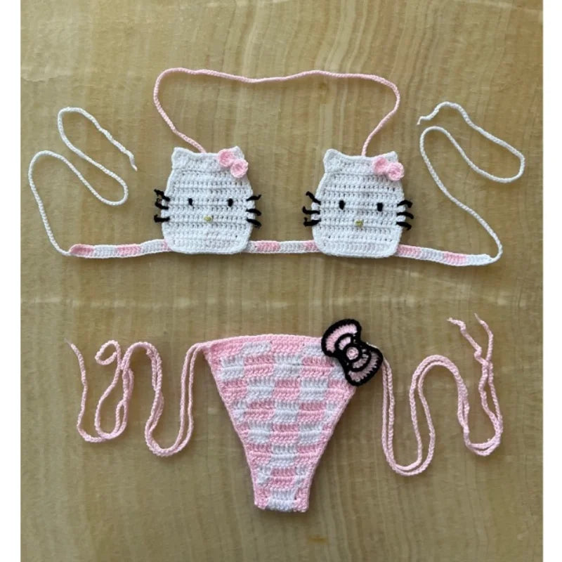 Sanrio horgolt bikini szett aranyos lányoknak fürdőruhák Hello Kitty szexi fürdőruha mikro kötésű bikinik strandruha női fürdőruha
