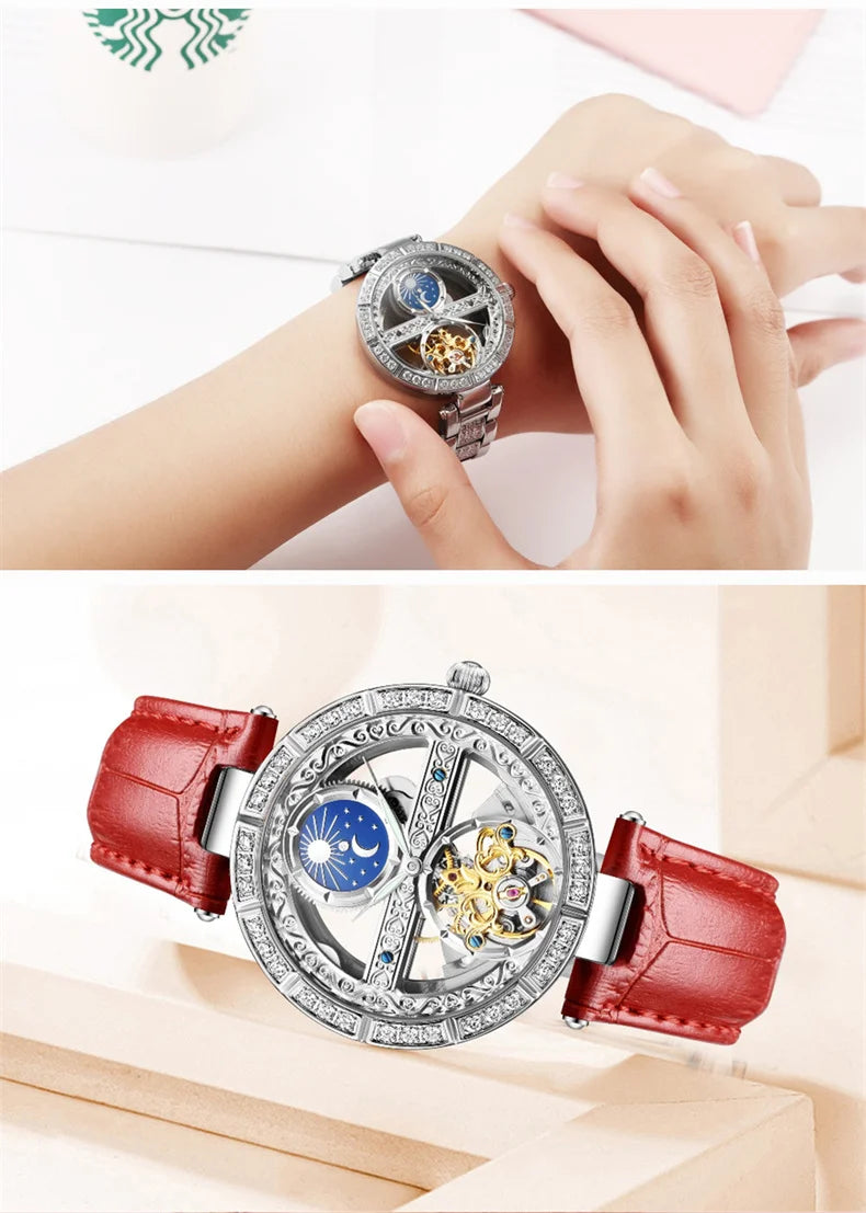 Női automata mechanikus karóra, csúcsmárkás luxus bőr vízálló órák, női csontváz Tourbillon óra, reloj mujer, új