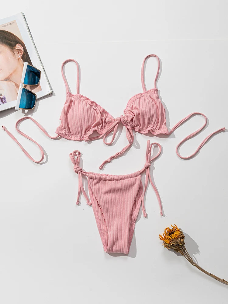 Új 2025 szexi fürdőruha, csíkos bikini, női fürdőruha, push up bikini, kötszer, strandruha, egyszínű bikini szettek