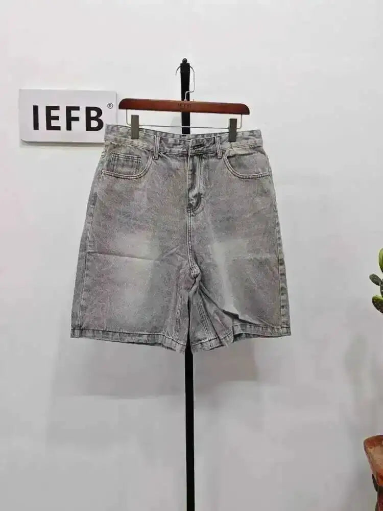 IEFB Nyári Férfi Lezser Farmer Rövidnadrág Laza Közepes Magas Derekú Divat Térdhosszúságú Farmer Rövid Nadrág Vintage Férfi Új Koreai