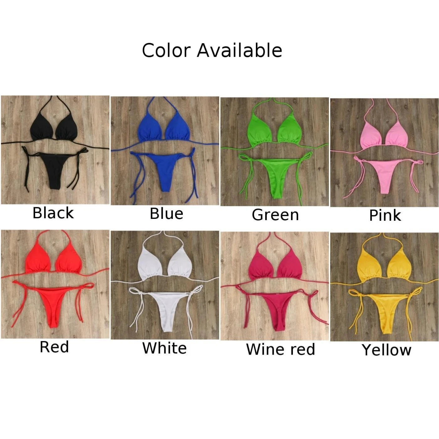 Női szexi tanga bikini szett oldalsó fürdőruha kötszer stílusú brazil fürdőruha osztott pántos állítható egyszínű női fürdőruha szett