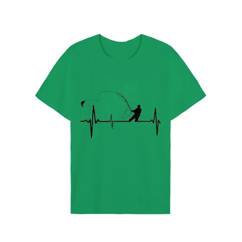 Férfi pólók, horgászat, szívverés, pulzus mintás, vicces rövid ujjú pólók, nyári felsők, férfi póló, férfi ruházat