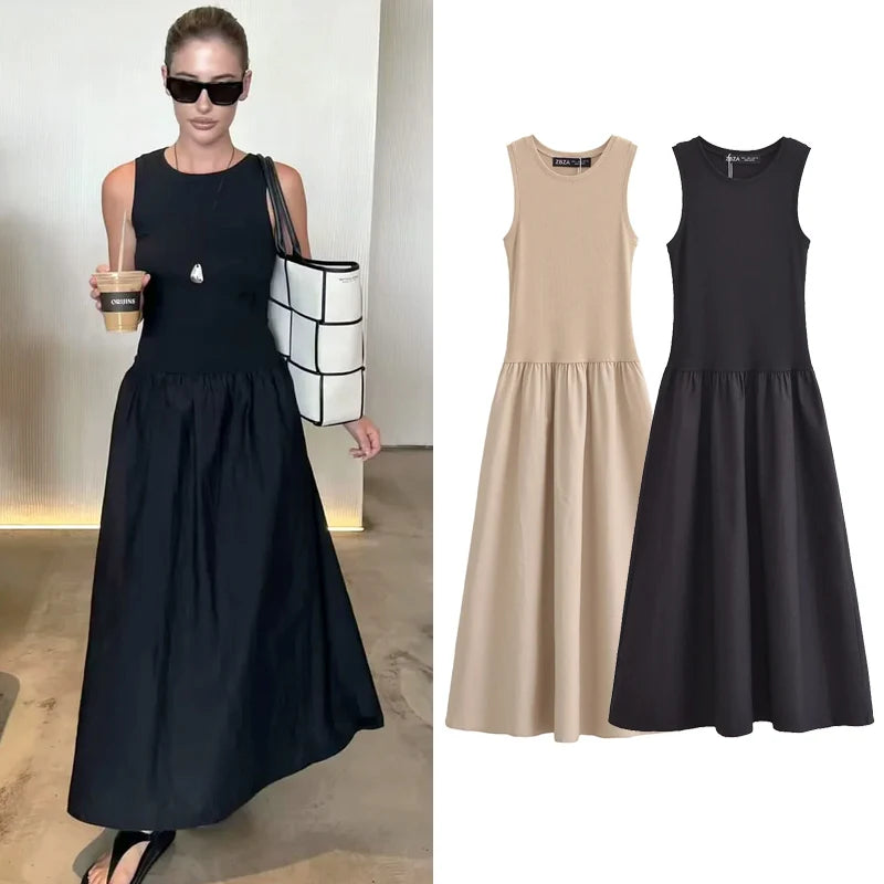 HXAO Női fekete hosszú ruhák 2025 tavaszi ujjatlan elegáns ruhák divatos hétköznapi vintage party khaki ruhák Vestidos