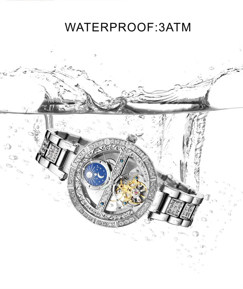 Női automata mechanikus karóra, csúcsmárkás luxus bőr vízálló órák, női csontváz Tourbillon óra, reloj mujer, új
