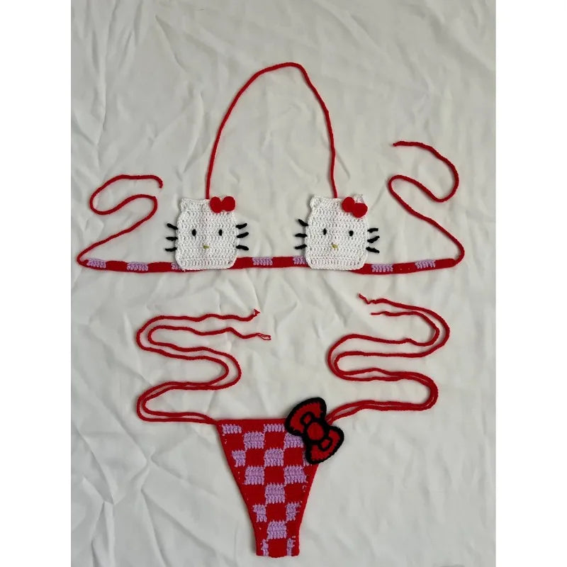Sanrio horgolt bikini szett aranyos lányoknak fürdőruhák Hello Kitty szexi fürdőruha mikro kötésű bikinik strandruha női fürdőruha