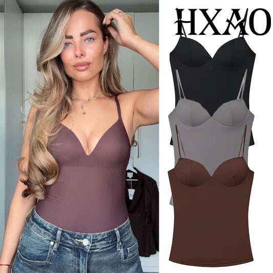 HXAO női felsők, fűzős crop top, női ujjatlan, fekete-barna felső, pántos, testhezálló, hát nélküli, szexi felsők, melltartó