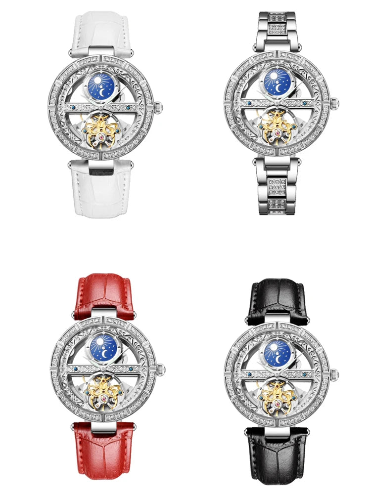 Női automata mechanikus karóra, csúcsmárkás luxus bőr vízálló órák, női csontváz Tourbillon óra, reloj mujer, új