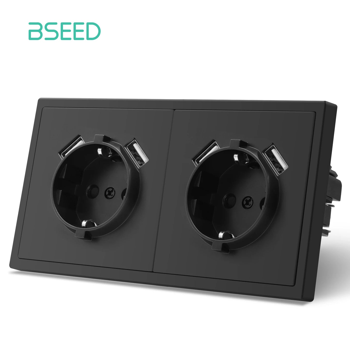 BSEED 1/2-es mechanikus gombos kapcsolók, 1 állású, EU fali aljzatok, USB tápcsatlakozókkal, műanyag panel, LED-ek nélkül, fekete sorozat