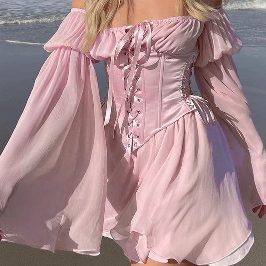 Tündérrózsaszín sifon mini ruha, sikkes női fűző, vintage hosszú puffos ujjú nyári ruha, peremnyakú koszorúslány testhezálló strandruha