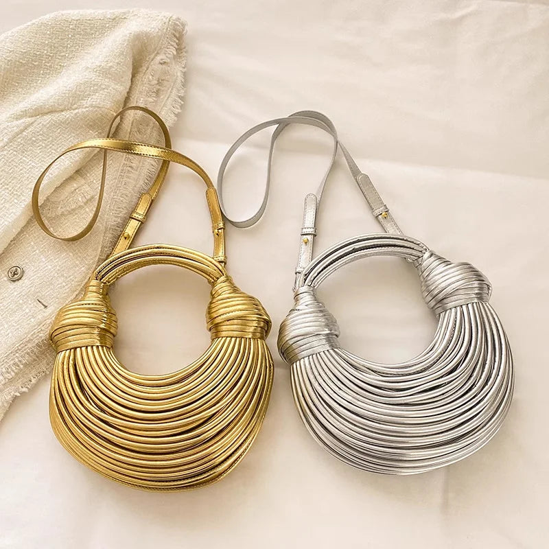 Női kézitáskák 2025 új arany luxus designer márka kézzel szőtt tésztatáskák kötél csomózott húzott hobo ezüst estélyi clutch sikkes