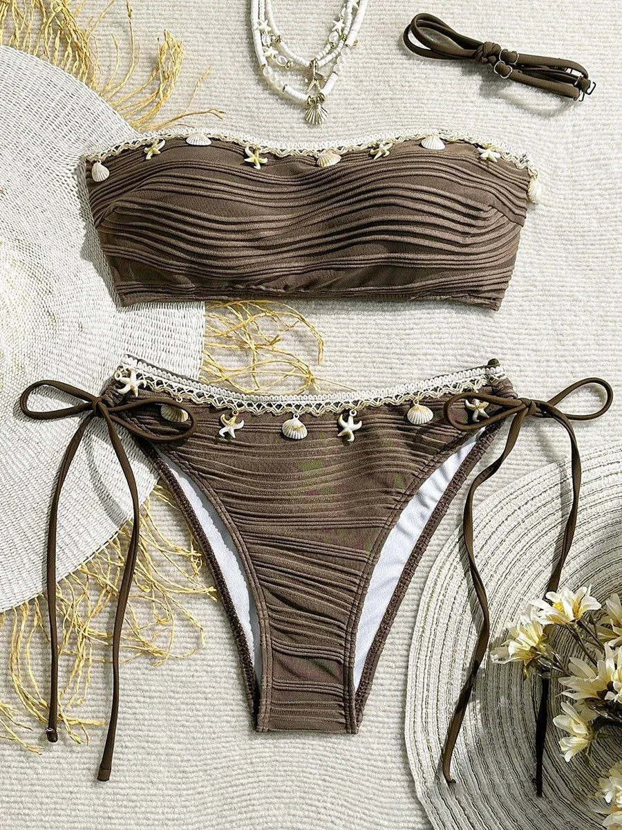 XS - XL Bandeau ráncos, magas kivágású bikini női fürdőruha női fürdőruha kétrészes bikiniszett kagyló fürdőruha úszás