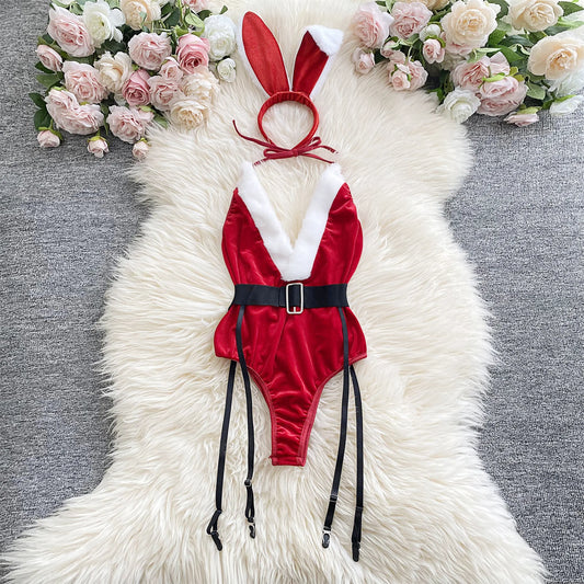 Piros karácsonyi cosplay nyúl lány jumpsuit szexi fehérnemű öv női új ruházat hétköznapi hát nélküli üreges fűzős body