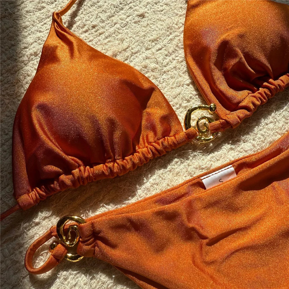 Egyszínű narancssárga fürdőruha fém gyűrűs zsinóros háromszög alakú mikro bikini tanga szexi fürdőruha nők 2026 fürdőruha bikiniszett