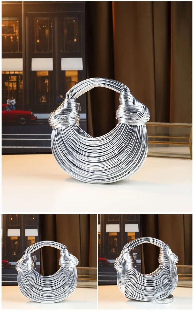 Női kézitáskák 2025 új arany luxus designer márka kézzel szőtt tésztatáskák kötél csomózott húzott hobo ezüst estélyi clutch sikkes