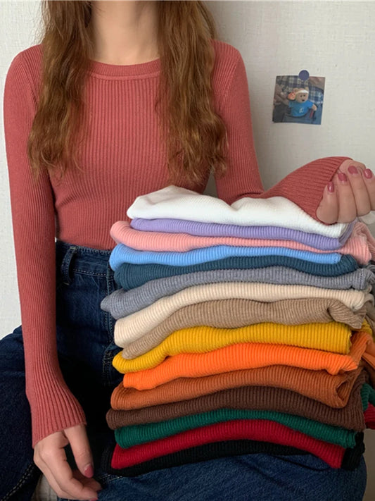 2026 új női pulóver őszi-téli hosszú ujjú pulóver alap felső divatos O-nyakú rugalmas női téli egyszínű kötött jumper