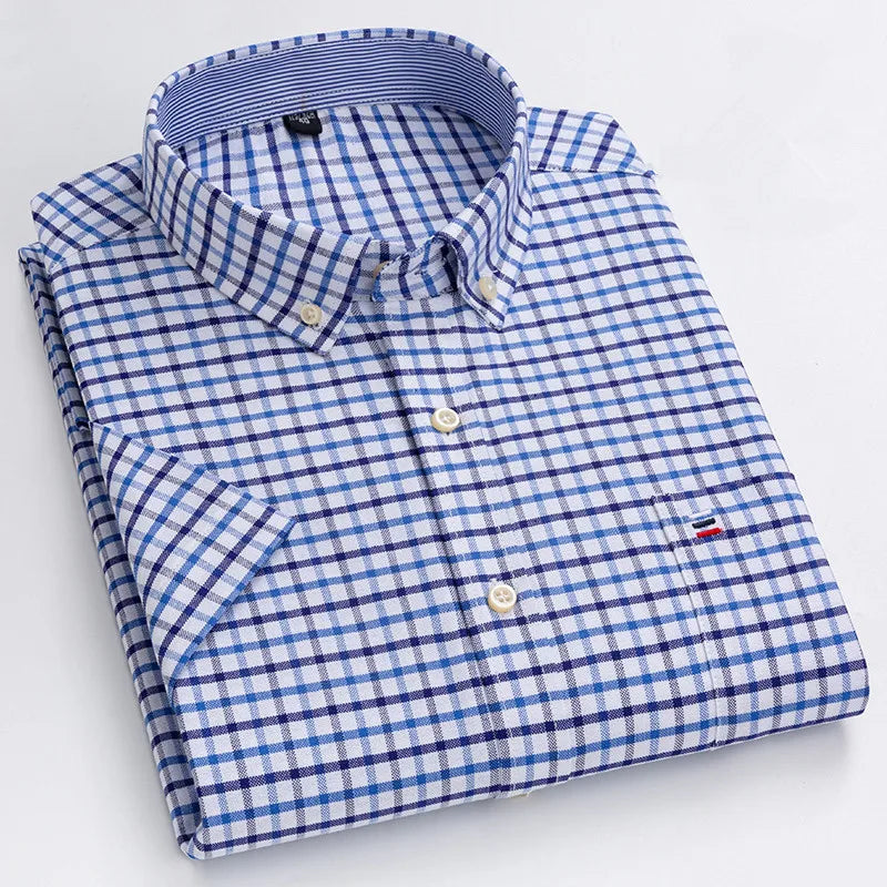 100% pamut férfi Oxford ing, rövid ujjú, nyári, kockás, csíkos, férfi ruházat, üzleti, normál szabású, túlméretezett ing, 7XL, 6XL
