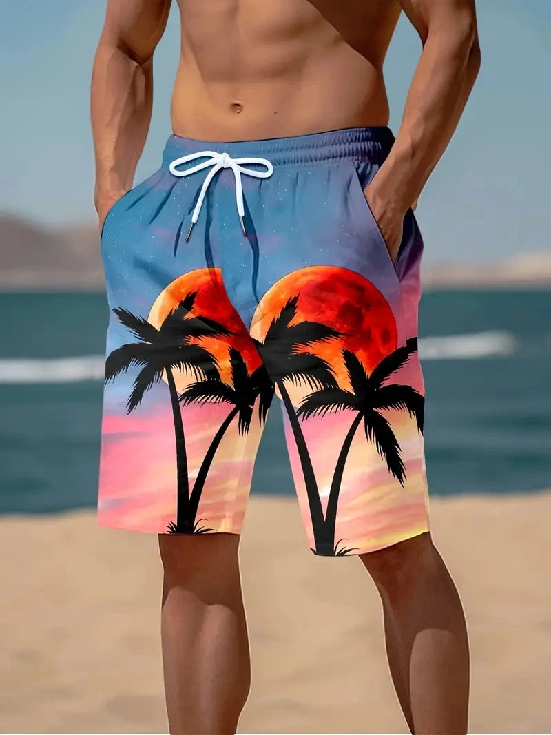 3D kókuszpálma mintás strandnadrág, pálmafa mintával