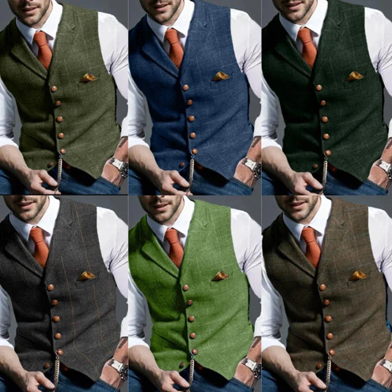 Férfi lezser klasszikus öltönymellény retró pamutkeverék tweed öltöny bélelt mellény S-3XL
