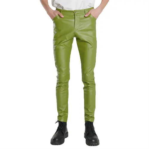 2026 új férfi bőr nadrágok divatos vékony PU nadrágok piros kék fekete szürke fehér pantalones hombre