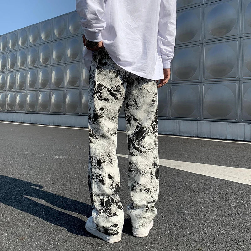 Nyomott farmernadrág Unisex rugalmas derekú tavaszi 2025 Férfi divatos koreai stílusú főutcai laza hip-hop nadrág