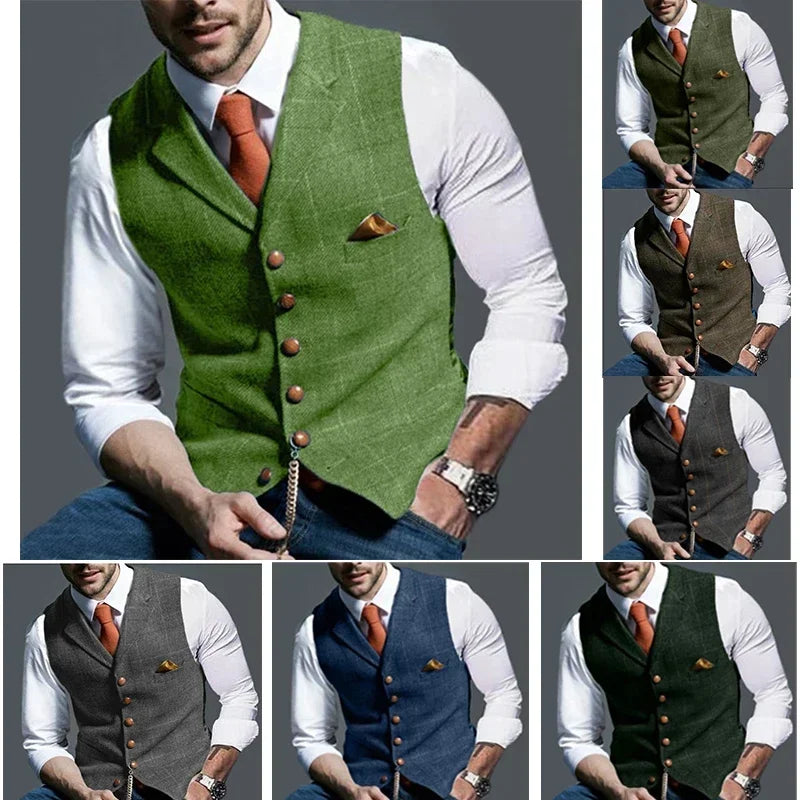 Férfi lezser klasszikus öltönymellény retró pamutkeverék tweed öltöny bélelt mellény S-3XL