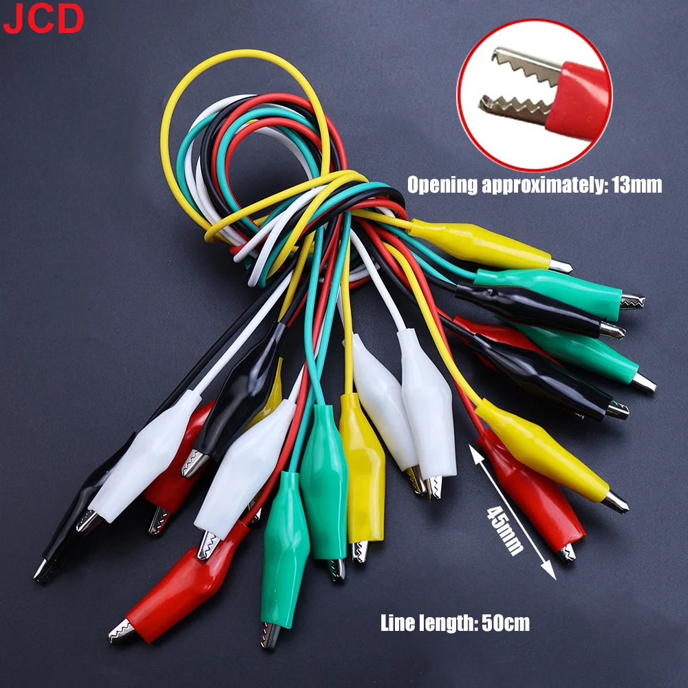 JCD 10 db-os krokodilcsipeszek elektromos mérésekhez, 5 színű mérővezetékek mérőszondákkal, krokodil alakú jumperkábel krokodilcsipeszekkel