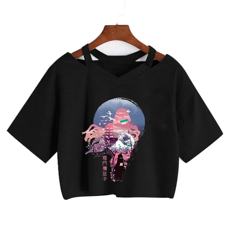 Demon Slayer póló Nezuko póló női Kimetsu No Yaiba crop top pólók japán anime Tanjiro Kamado felsők Manga póló női