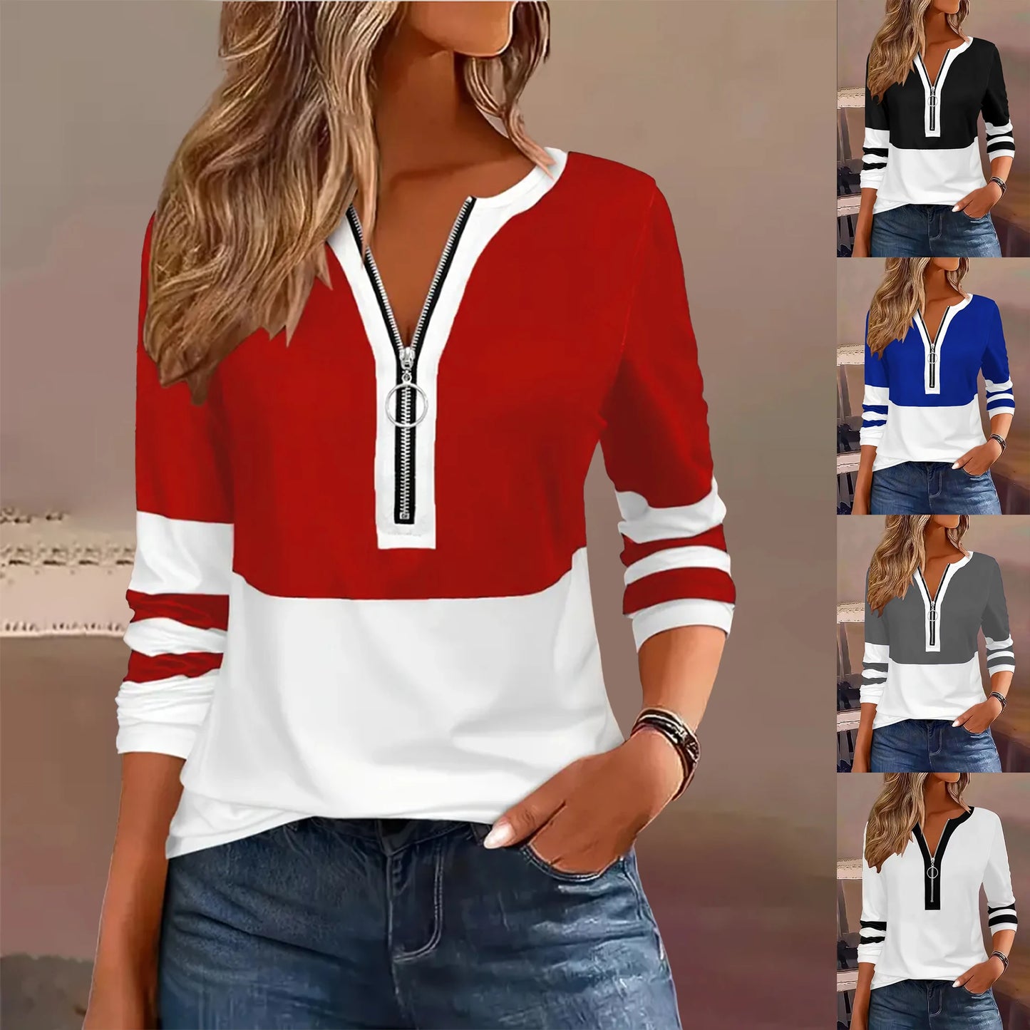 Plus Size Hosszú Ujjú Póló Geometrikus Csíkokkal és Színblokkos Gyűrűs Cipzár Részletekkel - Őszi Divat