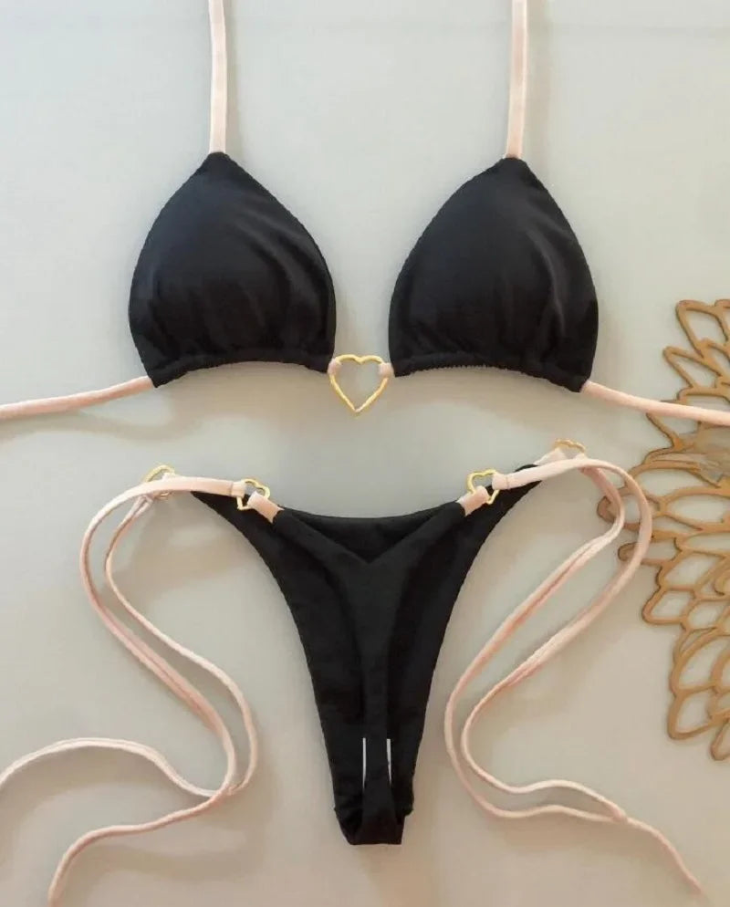 Szexi, egyszínű bikiniszett, női kétrészes, háromszög alakú tanga, brazil bikini szett
