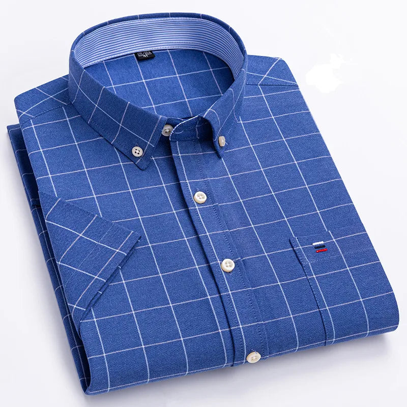 100% pamut férfi Oxford ing, rövid ujjú, nyári, kockás, csíkos, férfi ruházat, üzleti, normál szabású, túlméretezett ing, 7XL, 6XL