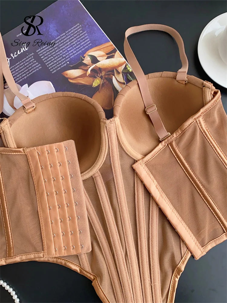 SINGREINY divatos, egyszínű fűzős fehérnemű felső, női pántos, áttetsző hálós, vékony trikó, amerikai retro hát nélküli strand szexi tank top
