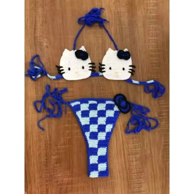 Sanrio horgolt bikini szett aranyos lányoknak fürdőruhák Hello Kitty szexi fürdőruha mikro kötésű bikinik strandruha női fürdőruha